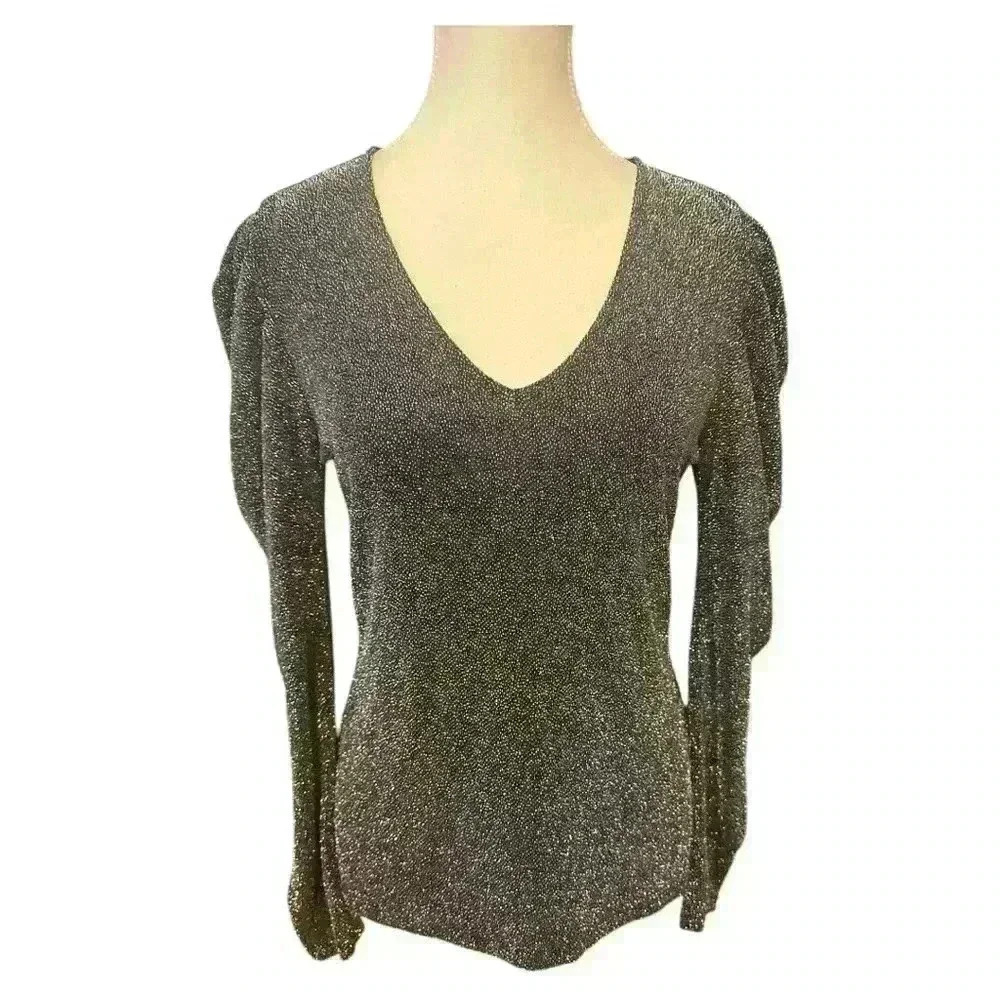 White House Black Market Metallic / Sparkle Puff Sleeve Top Size Small
